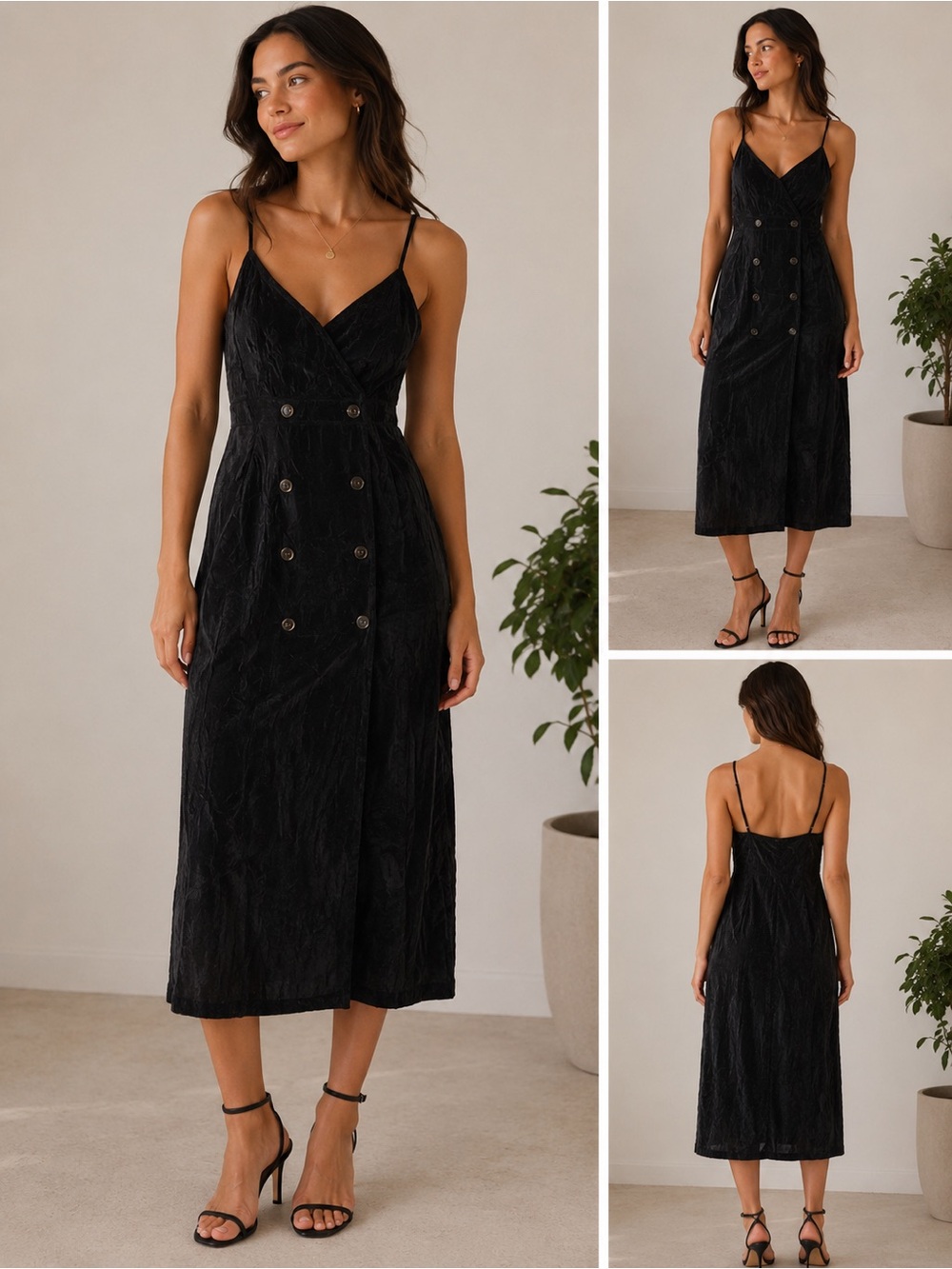 J. Crew Black Spaghetti-Strap Midi Dress with Double-Breasted Buttons